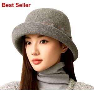 Vintage Felt Cloche Hat Polyester Bucket Fedora with Adjustable Drawstring